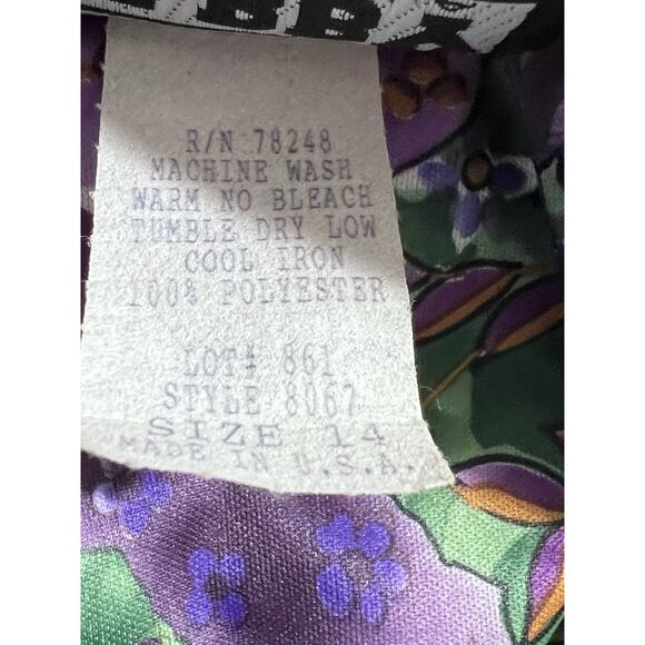 VTG USA Tabby of California Purple Green Abstract Floral Satin Midi Dress 14 - Picture 9 of 9